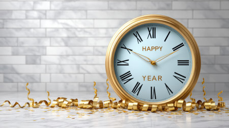 Happy year clock with gold confetti and streamer on marble tile backgroundの素材