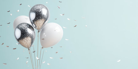 Silver and white balloons with confetti floating on pastel blue background, celebratory moodの素材