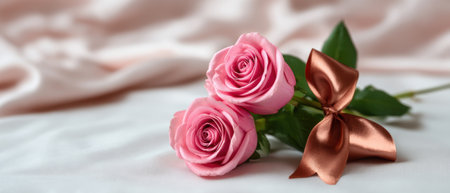 Pink rose bouquet on satin fabric with ribbon, romantic floral still lifeの素材