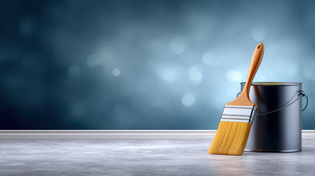 Fresh painted room with paintbrush and can in home industry settingの素材