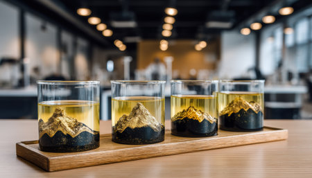 Gold landscape candle glass mountain decor amber oil wooden tray modern interiorの素材