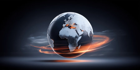 Icy globe over dark background with glowing orange energy rings, dramatic lightingの素材