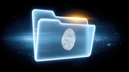 Glowing folder fingerprint data security digital file protection biometric identity access control cyber conceptの素材