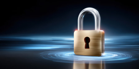 Secure brass padlock on glowing digital platform data security concept showing protection and trust in network infrastructureの素材