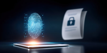 Biometric fingerprint security data displayed above tablet with confidential document icon conveying secure access and digital protectionの素材