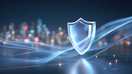 Data security shield glowing over digital cityscape with flowing light waves conveying network protection and futuristic cyber defenseの素材