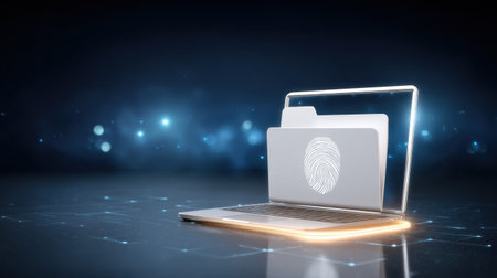 Secure digital file folder with fingerprint on laptop screen representing data security and privacy protection in glowing network environmentの素材