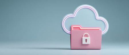 Pink folder with padlock and neon cloud icon data security concept protecting digital files and privacy in modern cloud storageの素材