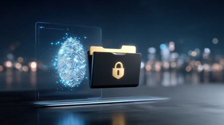 Secure digital folder with fingerprint data security protects sensitive information and access control in futuristic interfaceの素材