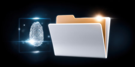 Secure digital folder with glowing fingerprint and data security concept illuminated on dark background expressing protection and trustの素材