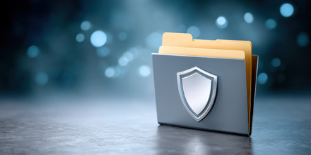 Secure folder concept showing data security shield and protected file archive inspiring trust and digital safetyの素材