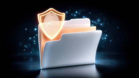 Secure file folder glowing with shield fingerprint symbol data security and privacy protection in digital cloud environmentの素材