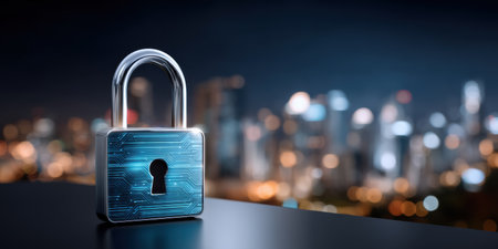 Digital padlock on reflective surface symbolizing data security and urban connectivity at night with soft bokeh lightsの素材