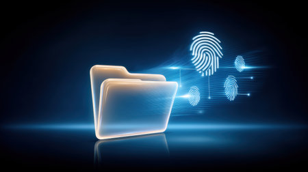 Secure folder with glowing digital folder and fingerprint biometric data security concept showing protected file access and identity verificationの素材