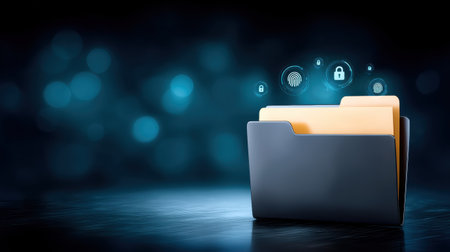 Secure file folder with glowing fingerprint and padlock icons representing data security and privacy protection in digital storageの素材