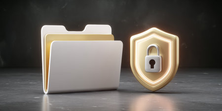 Secure folder data protection shield and lock symbol on dark surface conveying digital security and privacyの素材