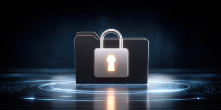 Secure folder with glowing padlock symbol data security concept showing protected digital fileの素材