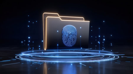 Secure data folder with glowing fingerprint symbol and holographic blue security interface creating futuristic privacy protection sceneの素材