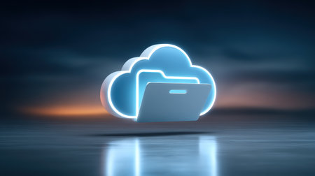 Cloud folder data security concept glowing neon cloud icon with floating folder and reflective surface in moody blue lightの素材