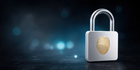 Secure padlock with fingerprint icon data security concept glowing digital background protecting identity and access controlの素材