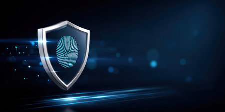 Secure shield with fingerprint data security protecting digital identity and access in futuristic blue tech environmentの素材