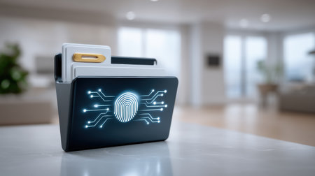 Futuristic file folder with glowing fingerprint circuit representing data security and biometric access in modern office settingの素材