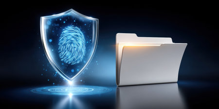 Secure digital folder protected by biometric data and security shield glowing blue with fingerprint icon and soft light conveys trustの素材