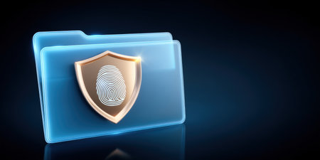 Secure blue folder with shield fingerprint icon symbolizing data security and digital privacy protection dark background conveying trust and safetyの素材
