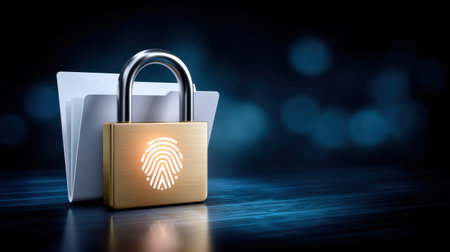 Secure folder concept showing padlock with fingerprint icon protecting data security and private file access in digital environmentの素材
