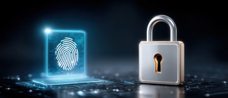 Fingerprint authentication and data security concept with glowing biometric scanner next to metallic padlock conveying protection and trustの素材