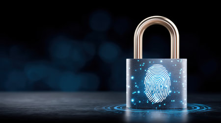 Secure biometric padlock concept with fingerprint and data security glowing sensor protecting information and privacy in dark tech environmentの素材