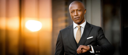 Confident businessman checking watch at sunset in cityの素材