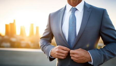 Young businessman buttoning suit jacket at sunset with city skyline and confidenceの素材