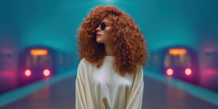 Redhead woman with curly hair and sunglasses in subway station, moody color lightingの素材