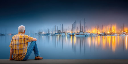 Elderly man sitting on marina waterfront at dusk reflecting on calm harbor lightsの素材