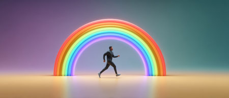 Man walking beneath glowing rainbow arch, vibrant colorful light and motionの素材