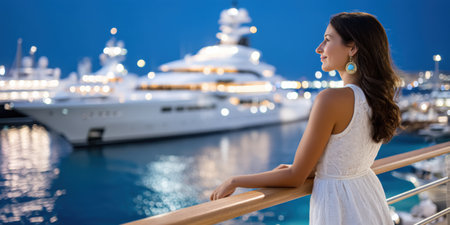Young woman in white dress admiring luxury yacht at marina at dusk, serene atmosphereの素材