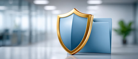 Blue shield and folder symbol on office desk representing data security and digital protection with modern blurred backgroundの素材