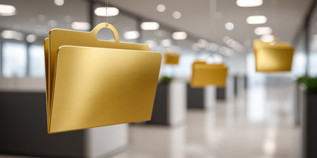 Gold file folder data security concept with hanging metallic folder blurred modern office environment evoking trust and organized informationの素材