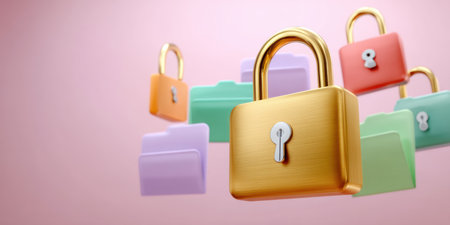 Gold padlock and colorful file folder icons float pink background conveying data security and privacy protection for digital documents and cloudの素材