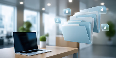 Secure digital file folders floating above office desk with laptop symbolizing data security and encrypted access for document protectionの素材