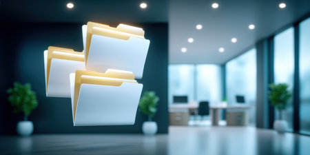 Floating file folder cluster data security concept in modern office environment expressing digital organization and calm focusの素材