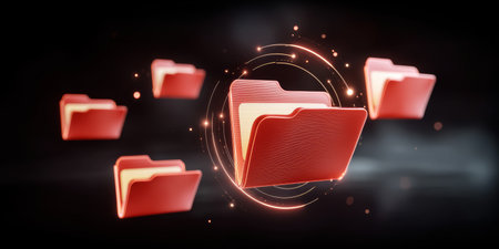 Red folder icon floating dark space with glowing data security ring and spark effects conveying protected file transfer and digital informationの素材