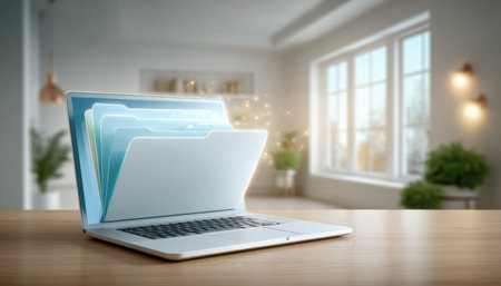 Digital folder icon and files emerging from laptop screen conveying data security and organized cloud workflow bright home office scene with warmの素材