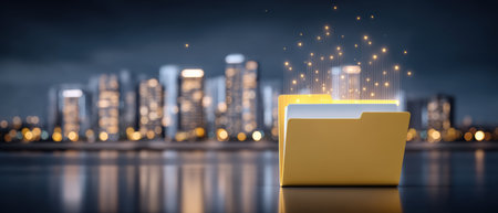 Secure digital file folder glowing over reflective surface front of blurred city skyline night showing data security and protected informationの素材