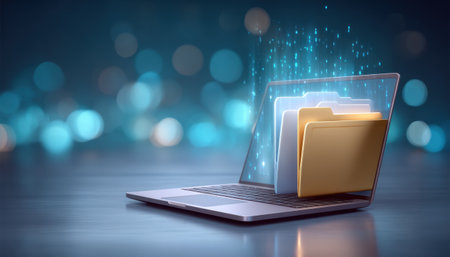 Secure laptop file transfer data security glowing folder icons and digital stream evoke encrypted backup and cloud migrationの素材