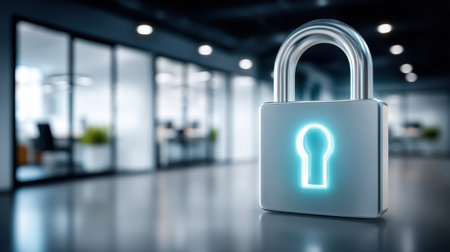 Secure padlock with glowing keyhole symbolizing data security in modern office environment protecting information and privacyの素材