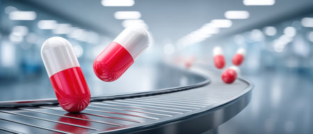 Red and white pill capsule industry concept packaging on conveyor belt with motion blurの素材