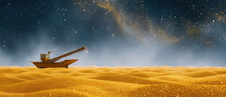 Golden desert dredger under starry galaxy night sky industry machine harvest glowの素材
