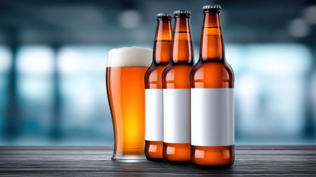 Amber beer industry glass and bottle display on wooden bar with foamの素材